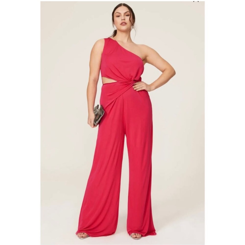 Halston Randi Jersey Twist Jumpsuit Wide Leg Sz 16 Pink Formal Cocktail Wedding